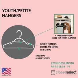 30 Pk Grey Youth Petite Plastic Hangers for Children Clothes Sizes 8 to 12, Petite, Preteen, Junior, 30 Pack (Grey)
