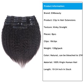 Kinky Straight Clip-In Real Hair Extensions, 8 Pieces, 120 g, Invisible Real Hair Wig Extensions, Clip-In Natural Black Clip Ins for Black Women, 12 Inches, 18 Clips