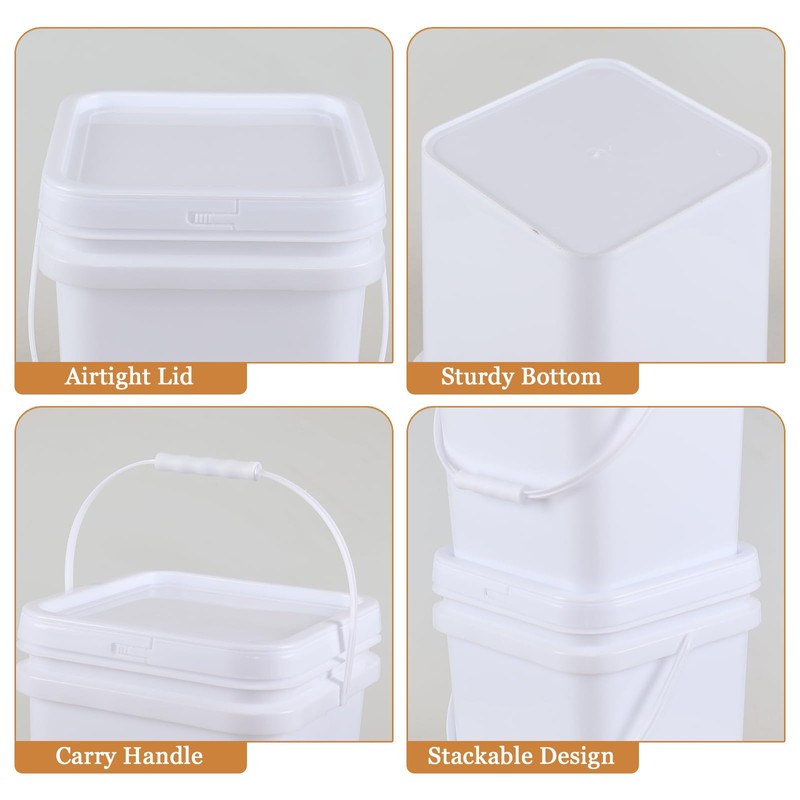 5 Gallon Square Bucket Pail with Lid, White Square Food