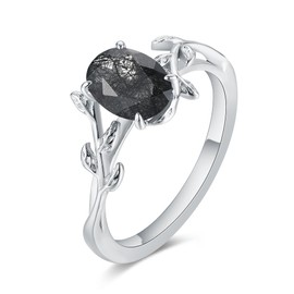 IRROYA Bridal Wedding Engagement Ring for Women Natural Black Rutilated Quartz 925 Sterling Silver Platinum Plated Art Deco Gemstone Promise Ring for Her Size 4