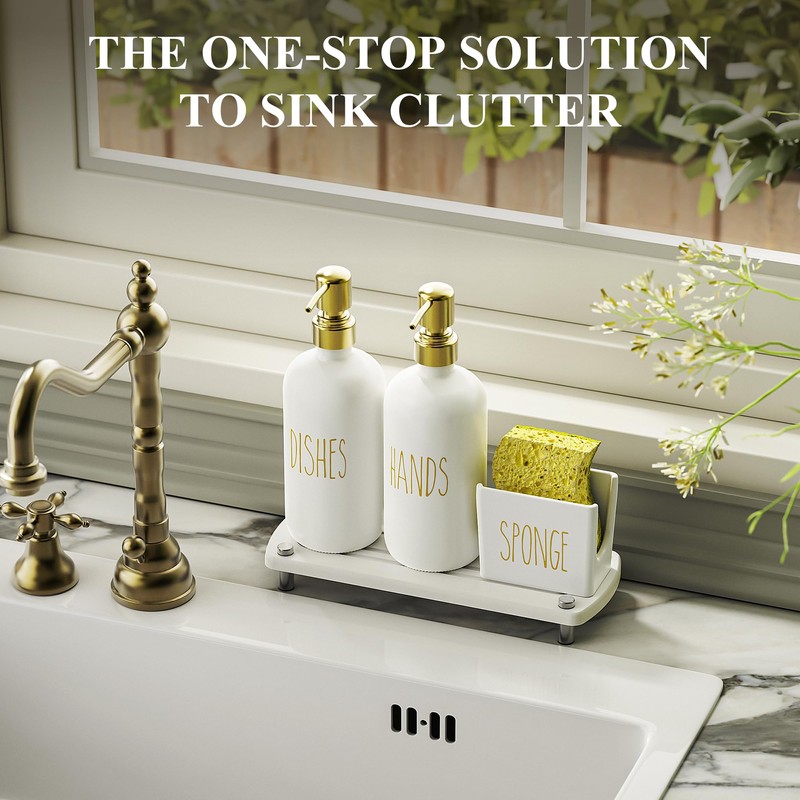 Cisily Kitchen Soap Dispenser Set Comes with Ceramics Sponge Holder,