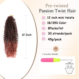 XGY Hair Yanky Twist Crochet Hair Pre Looped 12 Inch Mini Twist Crochet Braids Hair Ombre Red Copper Micro Senegalese Twists Crochet hair Pre-looped Synthetic Curly Braiding Hair Extension (1B/350#)
