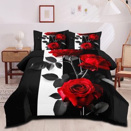 CCoutueChen Romantic Rose Comforter Set King Size Red Botanical Floral Bedding Set Black White Striped Bedding for Women Men 3 Piece Aesthetic Flower Comforters Soft Down Alternative Comforter Sets