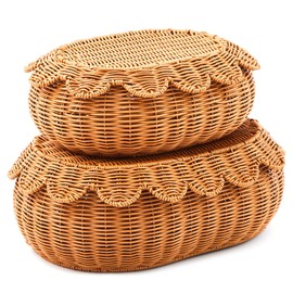 Juexica 2 Pcs Hand Woven Rattan Basket Scalloped Basket Wicker Storage Basket Decorative Basket with Lid for Organizing Food Bread Picnic Table Bathroom Decor, Dark Brown