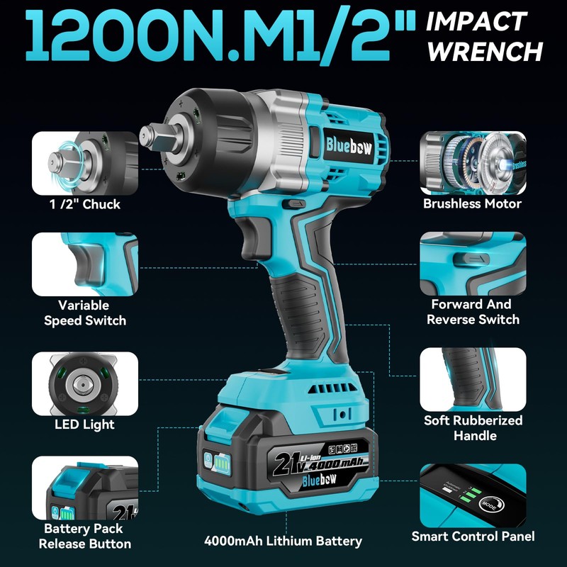1/2 Inch Cordless Impact Wrench, 900 Ft-lbs (1200 N·m) High