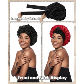CHLINS Satin Bonnet Silk Bonnet for Sleeping Silk Sleep Cap Double Layer Hair Bonnet with Elastic Tie Band for Curly Hair Night Cap (Black+Red)