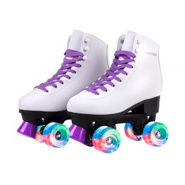 Skate Gear Extra Support Quad Roller Skates for Kids and Adults (Purple w LED, Women's 6 / Youth 5 / Men's 5)