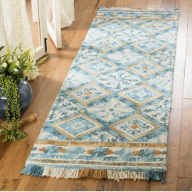 SAFAVIEH Blossom Collection 2'3" x 8' Ivory / Teal BLM421B Handmade Fringe Premium Wool Runner Rug