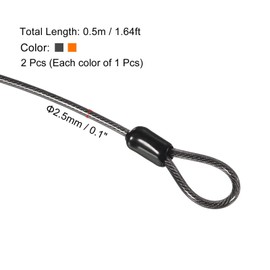 TOP-VIGOR 2Pcs Security Steel Cable, 2.5mm x 0.5m / 1.64ft Coated Safety Wire Rope Double Loop Flexible Security Cable Lock for Outdoor Travel Luggage Bike, Black, Orange