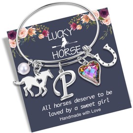 Anoup Charm Bracelet for Girls, Silver Jewelry for Teen Girls Horse Gifts for Girls Bracelets for Teen Girls Cute Bracelets for Teen Girls Heart Initial P Bracelet for Girls Jewelry for Teen Girls