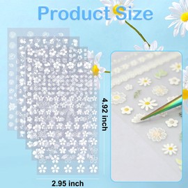 SIUSIO 5 Sheets Nail Art Stickers 3D Embossed Flower Nail Decals Self-Adhesive Spring Floral Daisy Nail Supplies White Flowers Nail Stickers for Women Girls Decoration