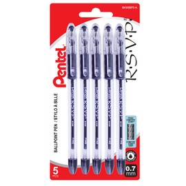 Pentel R.S.V.P. Ballpoint Pen, Everyday Writing, Office Supplies, School Supplies, Long Lasting 1,400m Writing Distance, 0.7mm Medium Point, Black Ink, BK90BP5-A, 5 Pack