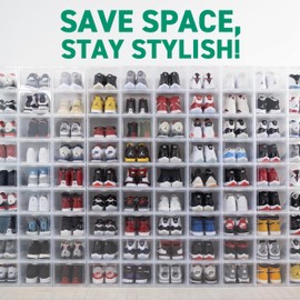 OLLIE Drop Front Hard Plastic Shoe Storage - Fits Up to Size 11 Mens - Shoe Organizer for Closet, Plastic Drawer Storage, Organization and Storage, Shoe Box, Stackable Storage Bins (Pack Of 12, Black)