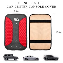 Gasedin Bling Car Center Console Cushion Cover, 12.6"×7.5" Sparkling Rhinestone Armrest Box Protector, Waterproof Leather Vehicle Armrest Storage Box Mat, Car Accessories (Red)