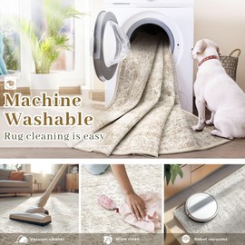 8x10 Area Rugs Washable Rug, Vintage Boho Floral Large Area Rug Soft Non Slip Low Pile Indoor Floor Carpet Retro Kids Rug for Living Room Bedroom Nursery Dining Room Home Office(BohoBeige, 8'x10')