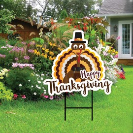 Happy Thanksgiving Turkey Yard Sign 18" x 12" - Coroplast Visible Text Long Lasting Rust Free Happy Thanksgiving Yard Sign Lawn Decorations with Metal H-Stake, VP5246 (18x12, Single Sided)