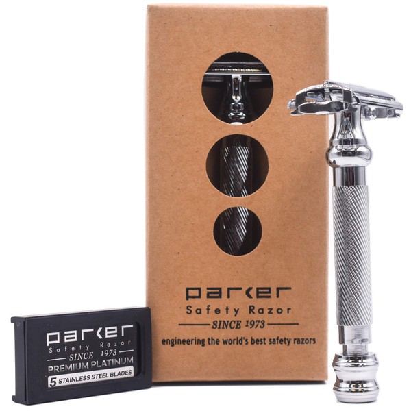Parker 99R - Long Handle Heavyweight Butterfly Open Double Edge Safety Razor for Men & 5 Premium Platinum Double Edge Razor Blades