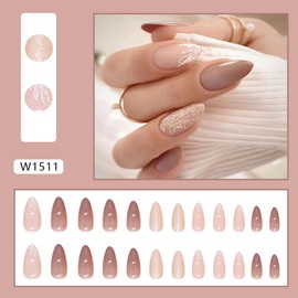 Coffee Press on Nails Short Almond QUNQINLI Silver Glitter False Nails Nude Acrylic Fake Nails Press Ons with Leaves Gel Glue on Nails Small Stick on Nails for Women Girls 24 Pcs