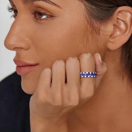 RANDES Sapphire Rings for Women Men Emerald Cut Eternity Band 925 Sterling Silver Band Blue Stone September Birthstone Ring Size 9