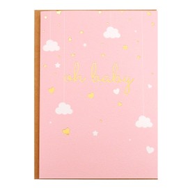 Baby Shower Card - Single Pink Greeting Cards 5" x 7" with Kraft Envelope - Gold Foil Printing "Oh Baby!" for Congratulations Baby Shower for Newborn Baby Girl - Blank Inside