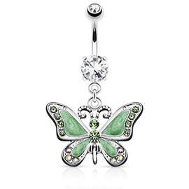 Pierced Owl 14GA Stainless Steel CZ Crystal Butterfly Dangling Belly Button Ring (Green)