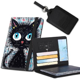 Passport Cover for Women & Men with RFID Blocking, Waterproof Passport Wallet and Luggage Tag Set，PU Leather Travel Documents Organizer, Passport Holder with Card Slot，Black Cat