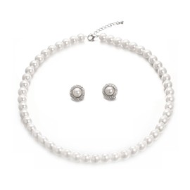 Aleasha White Pearl Jewelry Set Women Necklace Diamond Zirconia Earrings Set Faux Pearl Wedding Jewellery Sets Brides Gift 8mm 45cm