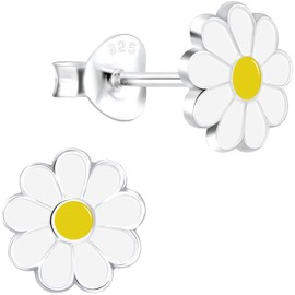 JAYARE Children's Earrings Silver 925 Girls Stud Earrings Daisy 7 mm White Yellow Children's Flower Earrings, Silver