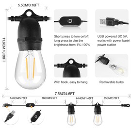 BRIMAX Portable USB Fairy Lights Outdoor, Dimmable 24.6 ft Camping Fairy Lights, 10 S14 Bulbs, 2700 K Warm White, 1 W per Bulb, Waterproof Plastic Fairy Lights for Christmas, Garden, Patio, Party