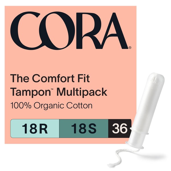 Cora Organic Applicator Tampon Multipack | 18 Regular & 18 Super Absorbency | 100% Organic Cotton, Unscented, Plant-Based Compact Applicator | Leak Protection Easy Insertion Non-Toxic