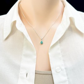 Very Tiny and Dainty 925 Sterling Silver Turquoise Teardrop Necklace for Women, Simple Silver Turquoise Tear Drop Pendant Necklace, Birthday Gift Layering Necklace (16 inches plus 2-inch extender)