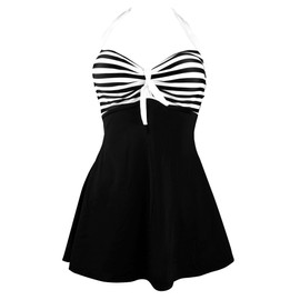 Traje de baño de una pieza con diseño de marinero, estilo retro, vestido con minifalda para cubrir el traje de baño (FBA) de Cocoship , Negro, blanco (envío rápido), Large (fits like US 10)