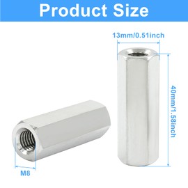 Moicstiy 6 Pcs M8 X 1.25-Pitch 40 mm Length Hex Coupling Nut, 13 mm Width Stainless Steel Rod Coupling Nuts (Metric)