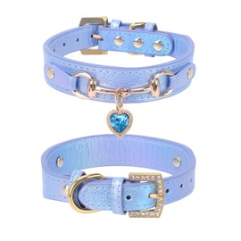 LOVPE Sparkly Dog Collar for Small & Medium Dogs Iridescent Leather Collars with Heart Rhinestones,Adjustable Glitter Collar for Fits Chihuahua,Pomeranian,Shih Tzu,Beagle (Blue, XS)