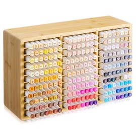 MotiMind Marker Organizer for 264 Markers, Large Bamboo Wooden Desk Storage Stand for Pencil Pens Art Brushes, 32 Compartments Display Holder for Teacher Students Home Office Classroom Birthday Gifts