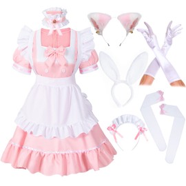 Irtysh Anime French Girls Bunny Maid Sweet Kawaii Costume Cosplay Dress Furry Cat Ear Gloves Socks set(Pink Plus Size 5XL)
