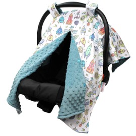 Baby Car Seat Canopy Cover - Outer Space Adventure with Blue Minky Dot