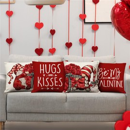 Valentine's Day Pillow Covers 20x20 Roses Love Heart Gnomes Valentines Day Decorations Be My Valentine Throw Pillow Covers Hugs and Kisses Wedding Cushion Case for Sofa Couch Set of 4