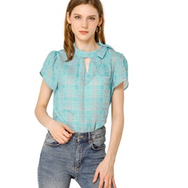 Allegra K Women's Tulip Sleeve Side Bow Tie Decor Choker Neck Summer Casual Chiffon Plaid Blouse X-Small Blue
