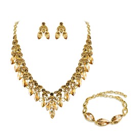 BriLove Women's Wedding Jewelry Set for Bridal Marquise Cluster Rhinestone Crystal Bib Collar Statement Necklace Dangle Earrings Link Bracelet Champagne Gold-Toned