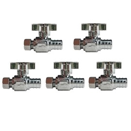 WiseWater 5 Pcs 1/4" O.D Compression x 1/2" PEX Water Shut Off Valve, 1/4 Turn Chrome Plated Brass Straight Stop Valve, PEX, CPVC, Copper Tube