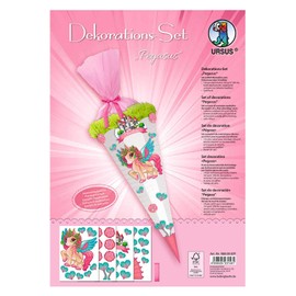 Decoration Set, 4 Sheets of Craft Cardboard DIN A4, Printed on Both Sides, Pre-cut and Grooved, for Decorating a School Cone, Partially Finished, with Satin Ribbon, Pegasus, Colourful