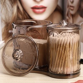 Hipiwe Acrylic Makeup Cotton Pad Q-Tips Holder with Cover - 2 Compartment Cotton Ball Swab Stick Organizer Storage Case Apothecary Jar Container for Makeup Brushes and Sponges (Brown)