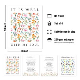 DSHFG Scripture Wall Art Christian Wall Decor, Flower Wall Art Christian Home Decor, It Is Well with My Soul Christian Wall Art Prints Set of 4, Christian Decor for Bedroom Bathroom, 8x10 Unframed