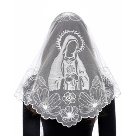 Bozidol Veils for Church Catholic, Triangle White Our Lady of Guadalupe with Floral Embroidered Lace Mantilla Chapel Veil, Latin Mass Prayer Head Coverings for Women
