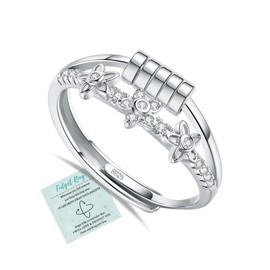 Sterling Silver Fidget Ring, Adjustable Silver Fidget Rings Flower Ring with Cubic Zirconia, Spinner Anxiety Rings for Women Birthday Christmas Jewellery Gifts Stress Relief Gifts