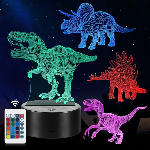 Dinosaur Night Light Gifts, 3D Lamp Toy with 16 Changing Colours and Remote Control, Gifts for Boys from 3 4 5 6+ Years