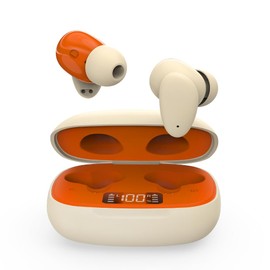 Clan N1 - Active Noise-Canceling Wireless Earbuds for Music & Calls, Bluetooth Earphones While Commuting with Hybrid ANC, Cute Bluetooth Headphones with Built-in Controls, Orange & Beige