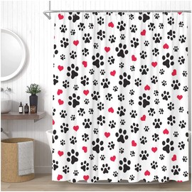 YSSFAV Paw Print Shower Curtain Cute Dog Cat Paw Print Lovely Animals Red Heart Women Girls Boys Teens Bathroom Decor Curtains Set with Hooks, 70" W x 70" H