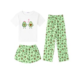 Arshiner Girls Pajama Set 3 Piece Short Sleeve Sleepwear Summer Soft Cute Pjs Outfits Green Avocado Pjs For Girls Size 10-12